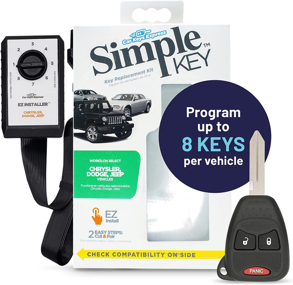 Simple Key Kit, Car Key with Fob and EZ Installer, Key Programming Tool Compatible with Chrysler, Dodge, Jeep, Key Programmer and a Key with 3-Button Remote Keypad (Lock, Unlock, Panic)